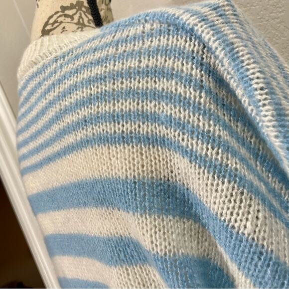 Vintage 1980s Blue & White Striped Handmade Knit Mockneck Sweater Oversized M/L - Picture 10 of 12